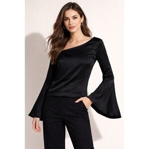 Worth New York 100% Silk Asymmetric Bell Sleeve Blouse Black Designer Top Size 0